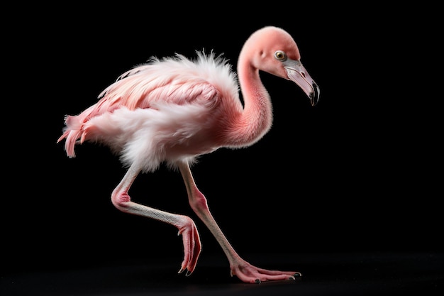 un flamingo rosa che cammina su una superficie nera