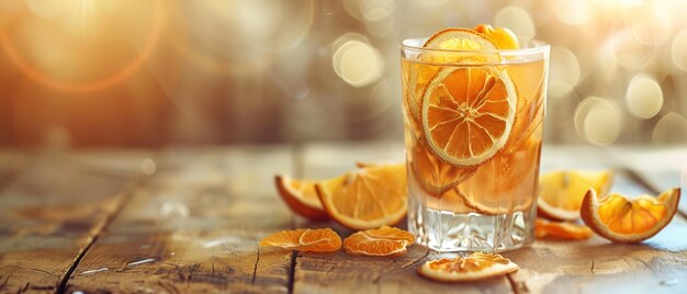 Un fluido invernale nutriente di fette di arance secche e cune in un bicchiere su un tavolo di legno e spazio AI generativa