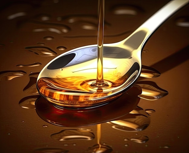 Un flusso d'oro di miele in un riflesso di cucchiaio