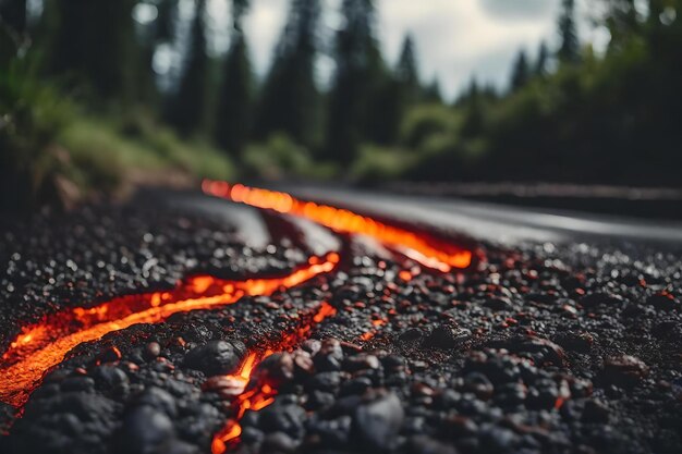 Un flusso di lava con rocce e lava che scorrono sullo sfondo
