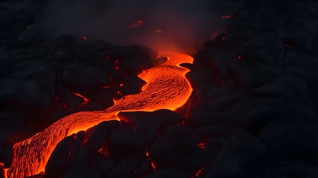 Un flusso di lava dal vulcano è illuminato di notte.