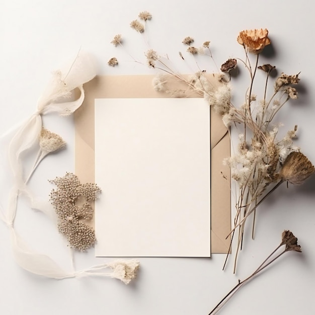 Un foglio bianco con fiori secchi e una cornice con un cartoncino bianco