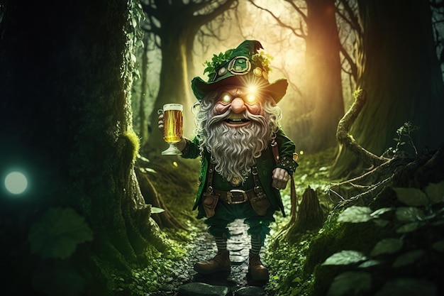Un folletto con in mano un bicchiere di birra verde in una foresta all'aperto