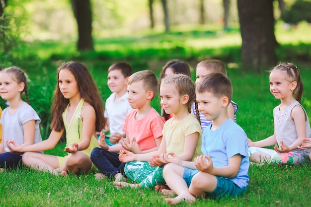 Un folto gruppo di bambini impegnati nello yoga nel parco seduto sull'erba.