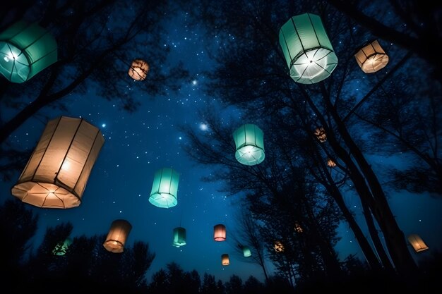 Un folto gruppo di lanterne volanti cinesi Rete neurale generata dall'intelligenza artificiale
