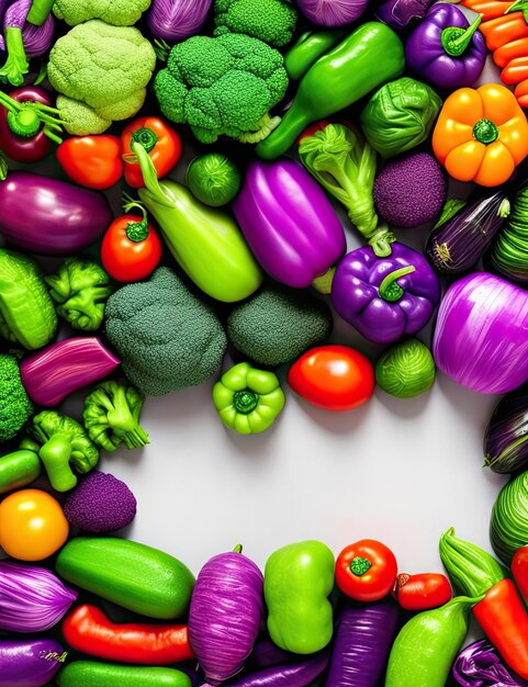 Un folto gruppo di verdure colorate è disposto in cerchio.