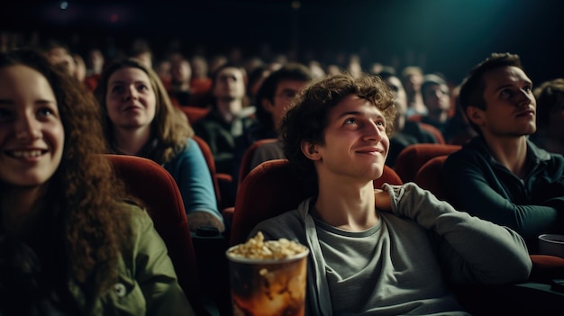 Un folto pubblico esultante in un cinema guarda una commovente commedia