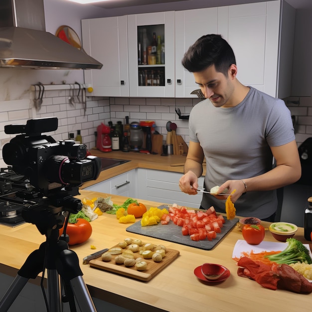 Un food blogger sta registrando un video per presentare il suo kit