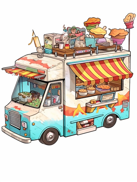 Un food truck con un tendone colorato con su scritto "food truck".