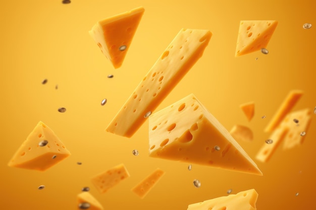 Un formaggio triangolare che galleggia nell'aria con uno sfondo giallo generato dall'AI