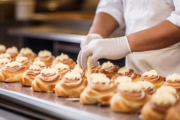 Un fornaio che riempie i dolci danesi con formaggio a crema