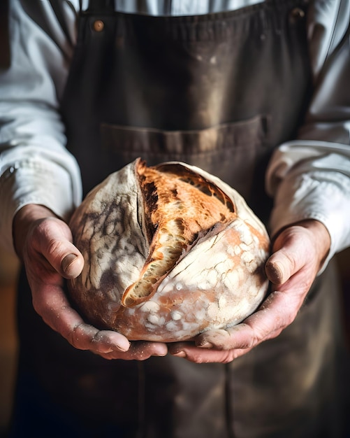 Un fornaio che tiene un delizioso pane fresco Disegno alimentare