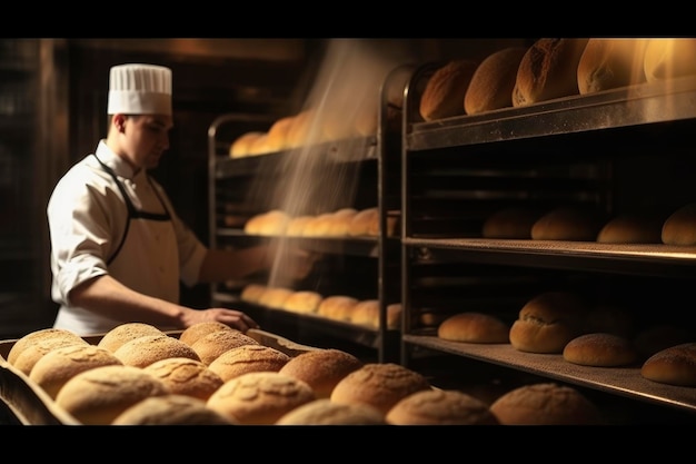 Un fornaio con un cappello bianco sta facendo il pane.