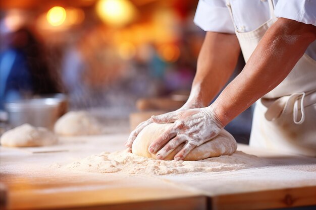 Un fornaio esperto impastando delicatamente la pasta in una panetteria affollata per prepararla per il forno