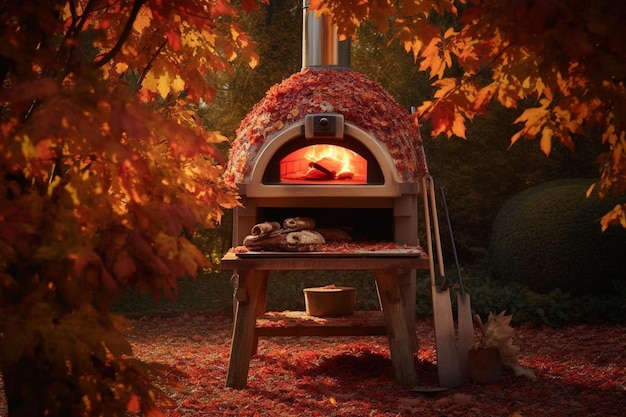 Un forno da pizza sullo sfondo del fogliame autunnale