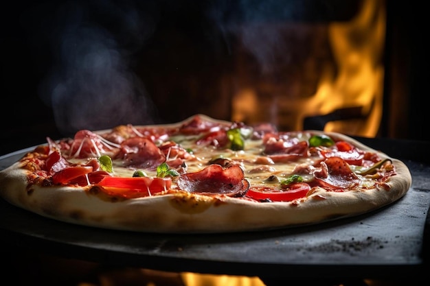 Un forno per pizza che emette fumo aromatico mentre le pizze si cucinano