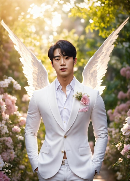 Un forte e muscoloso uomo angelo seokjin asiatico con le ali e i capelli corti vestito di bianco