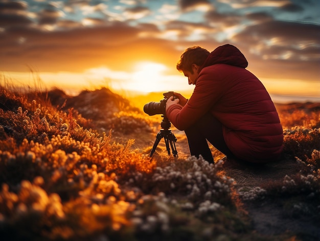 un fotografo che cattura le prime luci dell'alba