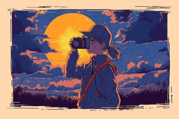 Un fotografo che tiene in mano una macchina fotografica in stile fumetto