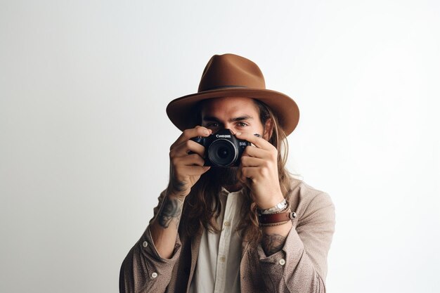 Un fotografo hipster maschio in uno studio su uno sfondo bianco guarda attraverso il mirino della telecamera