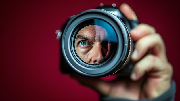 Un fotografo sta guardando attraverso l'obiettivo della sua macchina fotografica. È concentrato sul suo soggetto ed è pronto a scattare la foto perfetta.