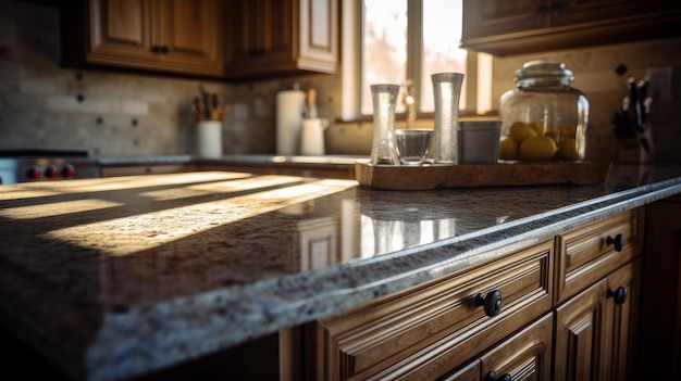 Un frammento di una cucina classica in una casa di lusso Grande isola con controsoffitti in quarzo mobili in legno naturale elettrodomestici da cucina bella luce mattutina dalla finestra