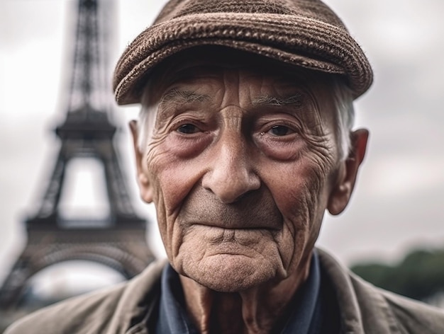 Un francese in pensione con un cappello sullo sfondo della Torre Eiffel