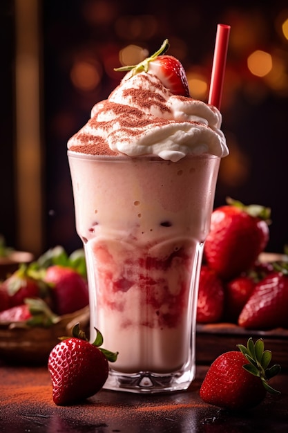 Un frappè alla fragola con sopra le fragole