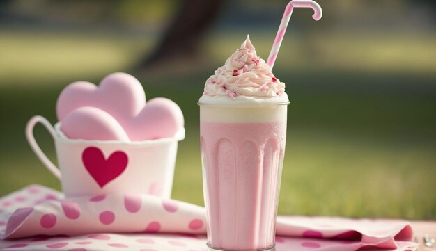 Un frappè rosa e bianco in un bicchiere con il cuore 1