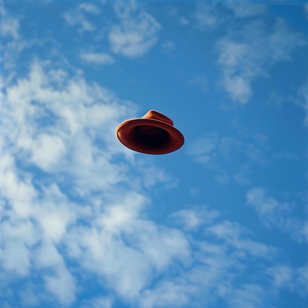 un frisbee rosso che vola attraverso il cielo con le nuvole sullo sfondo