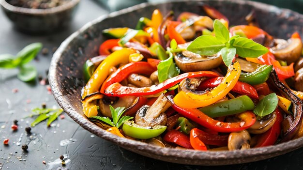 Un fritto vegetariano con peperoncini colorati e funghi per le orecchie teneri