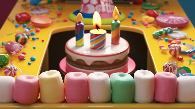 Un frotn vista marshmallows e caramelle insieme a torta cappuccio di compleanno con candela su scrivania gialla cand