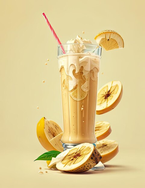 Un frullato di banane in un bicchiere con una cannuccia e fette di banane su uno sfondo beige