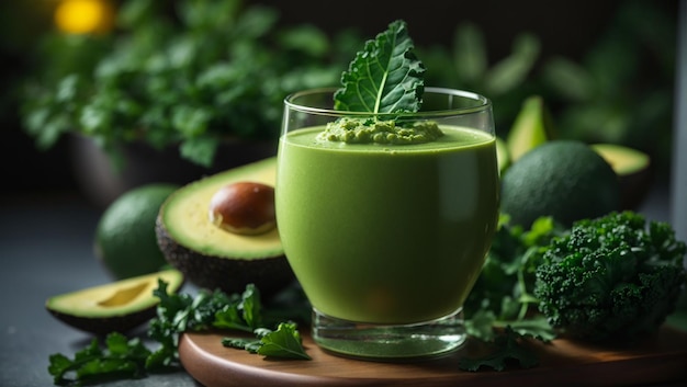 Un frullato sano di verdure verdi con cavolo di avocado