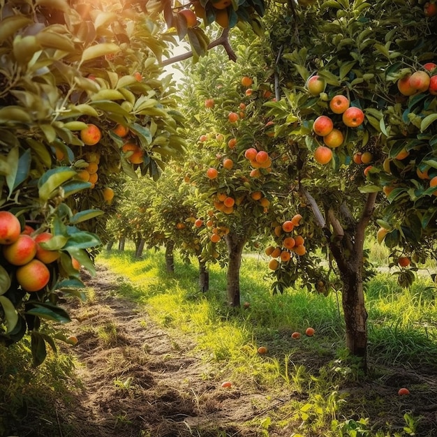 Un frutteto con arance e mele sugli alberi