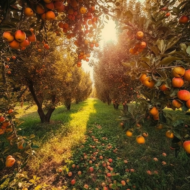 Un frutteto con le mele e il sole che splende sugli alberi