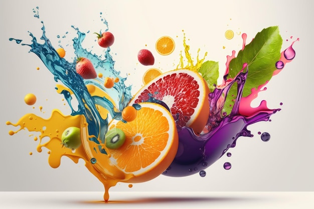 Un frutto colorato schizza in un liquido con sopra la parola frutta.