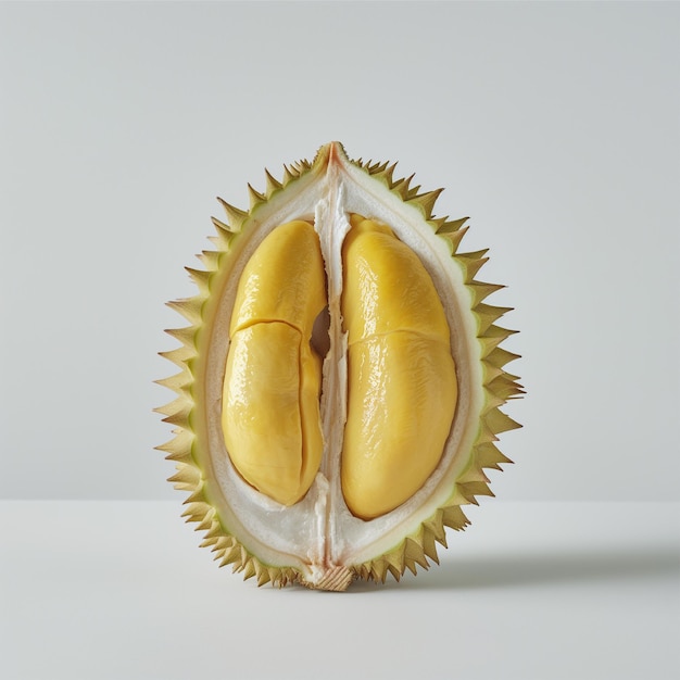 un frutto di durian è tagliato aperto fresco