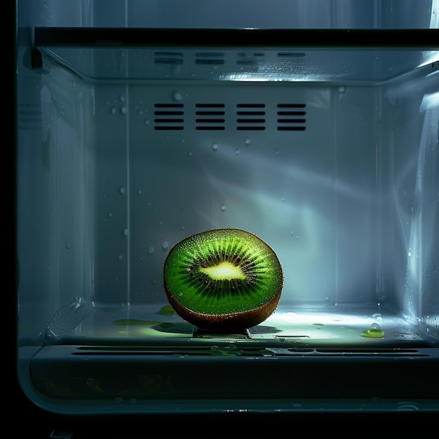 un frutto di kiwi all'interno di un microonde con la parola kiwi in fondo