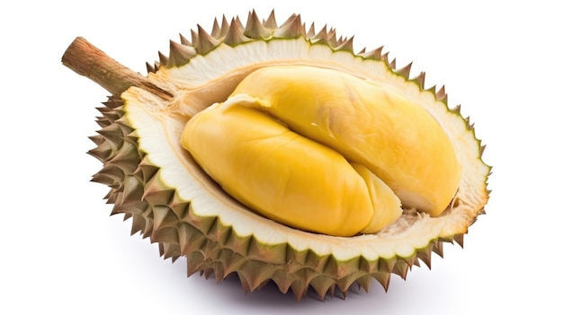 Un frutto durian è su uno sfondo bianco.