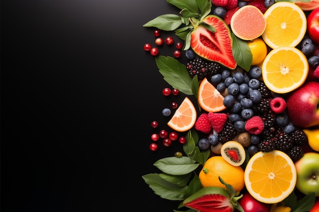 Un frutto e una bacca isolati incorniciano un colorato capolavoro culinario