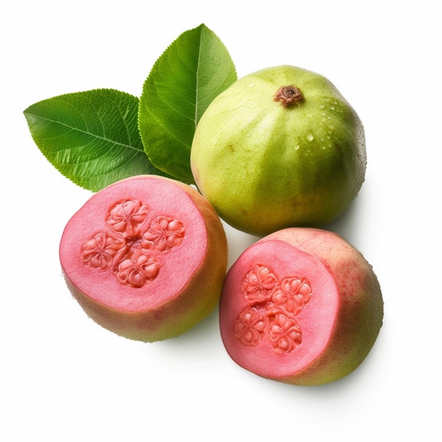 Un frutto guava con foglie verdi e un frutto verde.