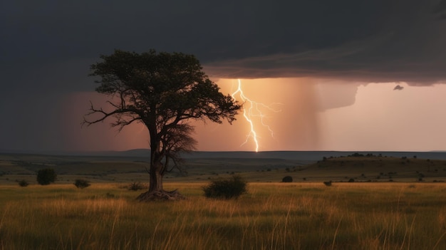 Un fulmine colpisce un albero solitario AI generativo