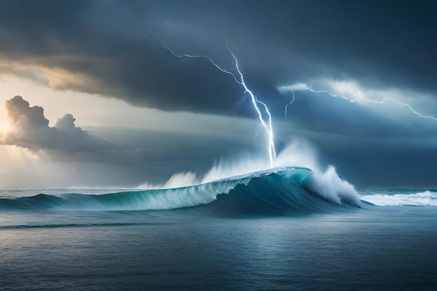 Un fulmine è visto sopra un'onda nell'oceano.