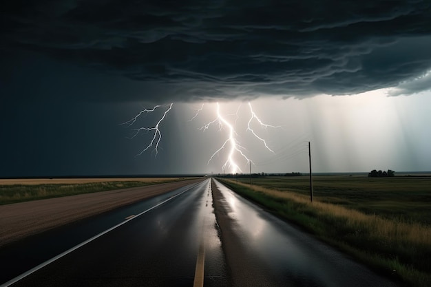 Un fulmine su una strada con un cielo scuro e nuvole