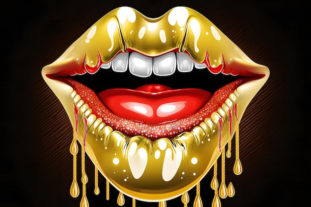 Un fumetto della bocca di una donna con un labbro rosso e vernice dorata su di esso.