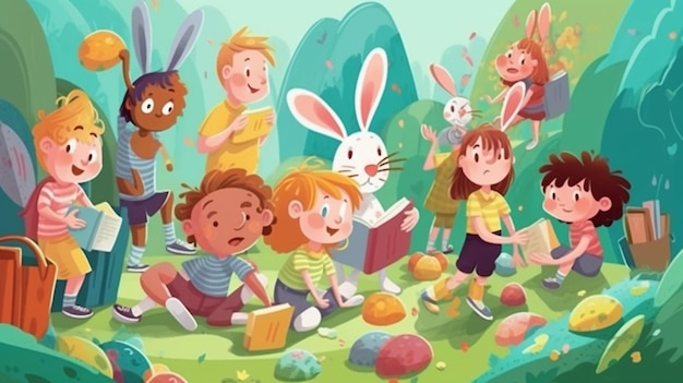 Un fumetto di bambini con uova di coniglio e uno di loro sta leggendo un libro sulla pasqua.