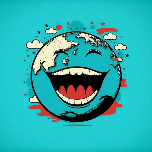 Un fumetto di una terra sorridente con uno sfondo blu e le parole " terra " su di esso.