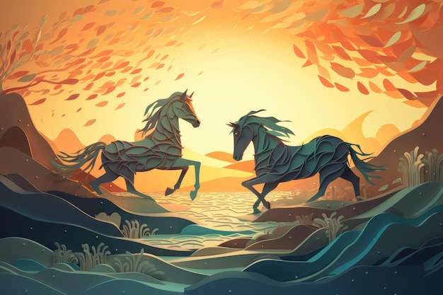 Un fumetto illustrazione di due cavalli che corrono nell'oceano.