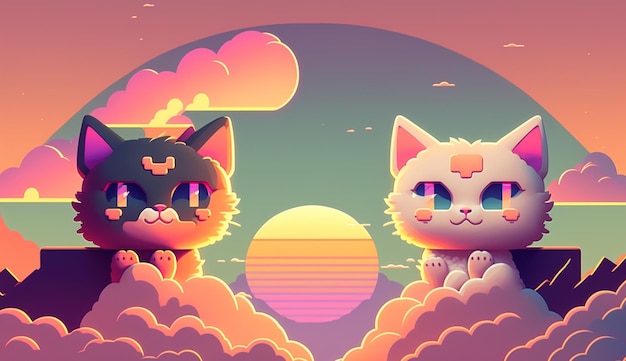 Un fumetto illustrazione di due gatti su una nuvola con il sole dietro di loro.